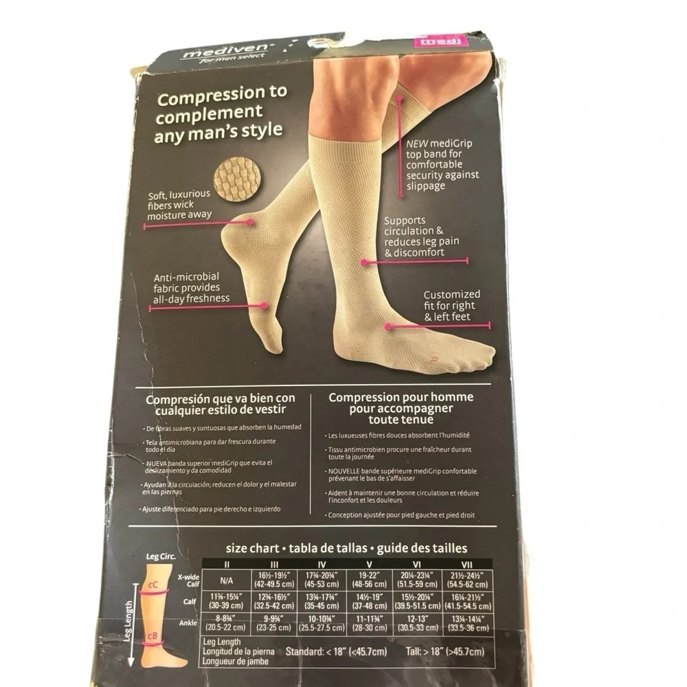 Mediven Men’s Compression Socks Sz 15-20 VI Standard Tan Closed Toe Reduce Pain